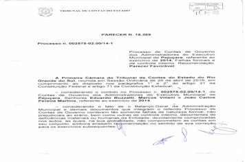 O Parecer n° 18389 do Tribunal de Contas do Estado referente ao exercício de 2014, encontra-se disponível na Câmara